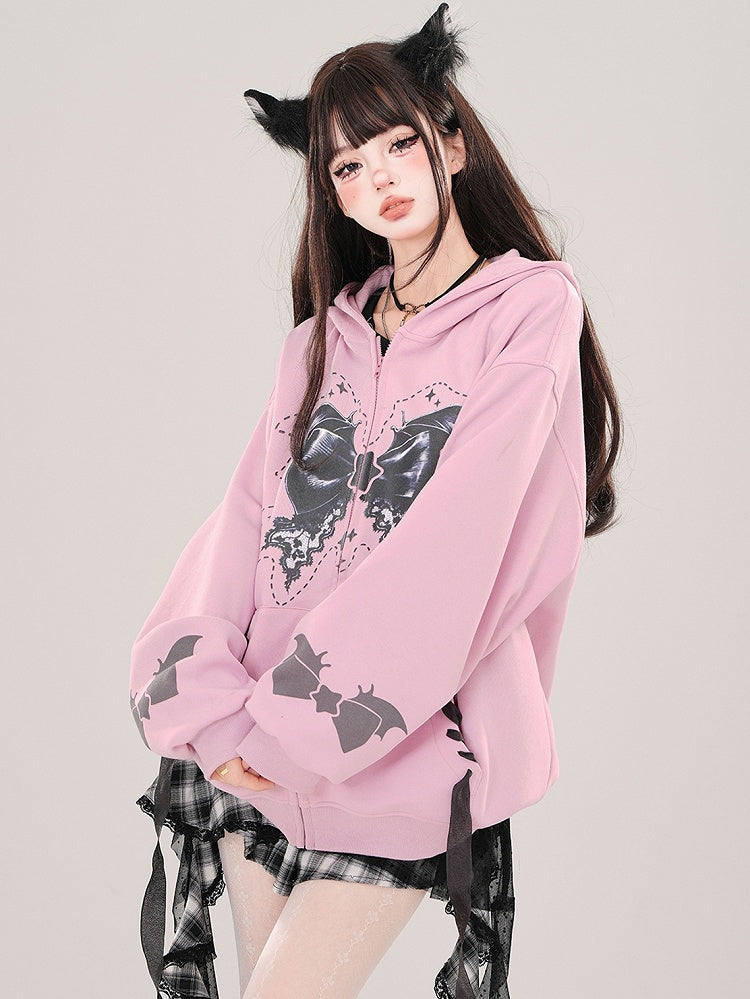 Apricot/Pink Bat Wings Bow Print Zip Hoodie
