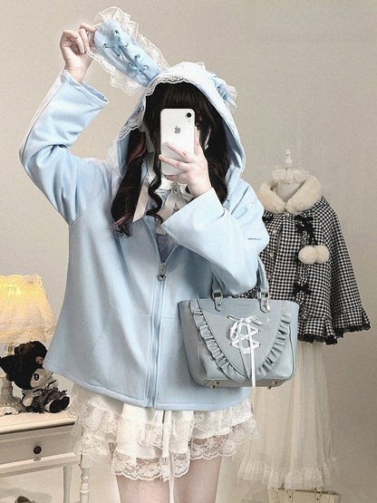 Jirai Crossed Bunny Kei Otaku Hood with Zip-Up Ears Hoodie