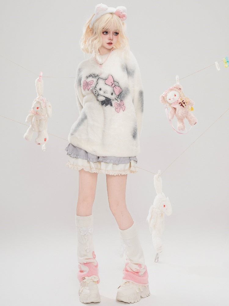 ミルクホワイトキティグラフィックディストレストリムルーズセーター