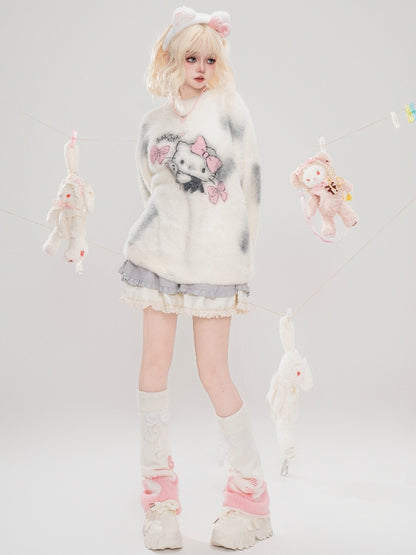 ミルクホワイトキティグラフィックディストレストリムルーズセーター