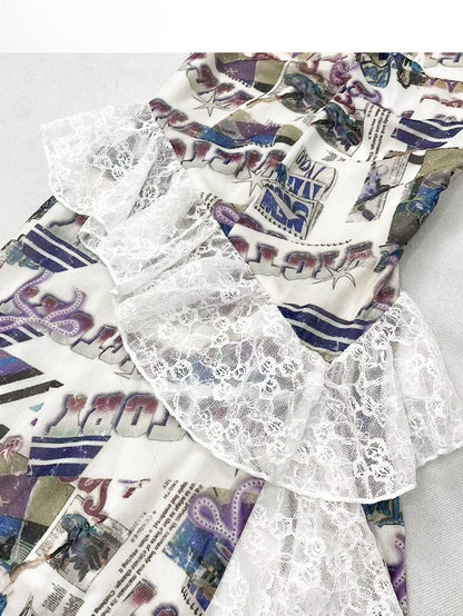 Bittersweet Cami Trim Holiday Flounce Print Letter Dress Lace Hem White Asymmetrical