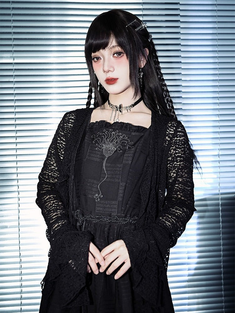 Black Square Neck Sleeveless Dress Sea Lily Embroidery