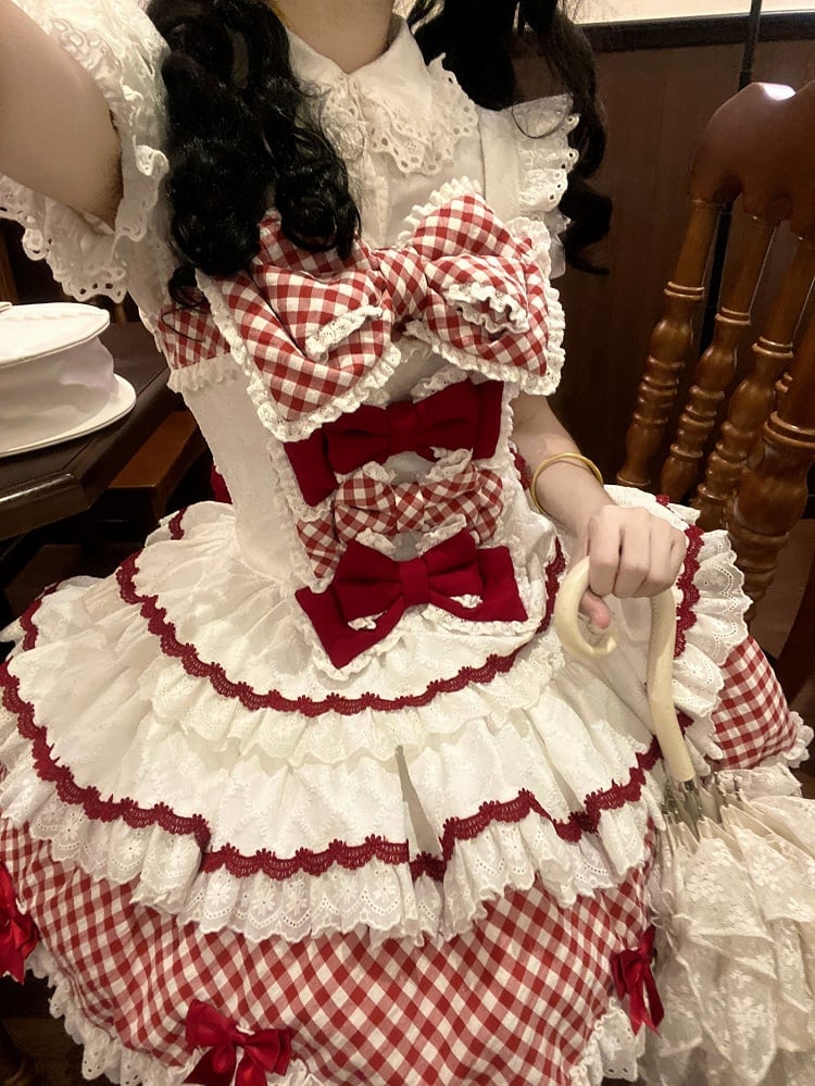 und Saum gewellter Kleiderrand mit süßem Rockmuster Lolita Gingham gestufter weißer Besatz rot