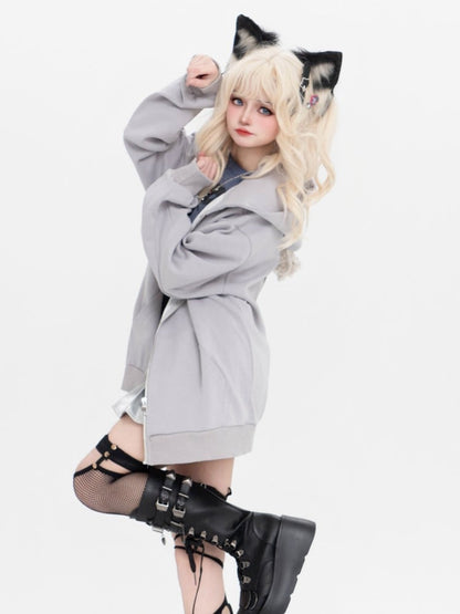 Light Hoodie Puppy Letter Fleece And Ears Grey Print Applique With