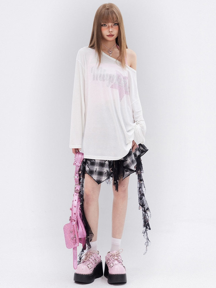 White Star Rhinestone  Long Sleeves T-shirt