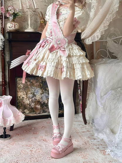Ruffled Short-Sleeve Lolita OP Dress with Apple Embroidery in Sweet Pink & Beige - Yinying Lolita