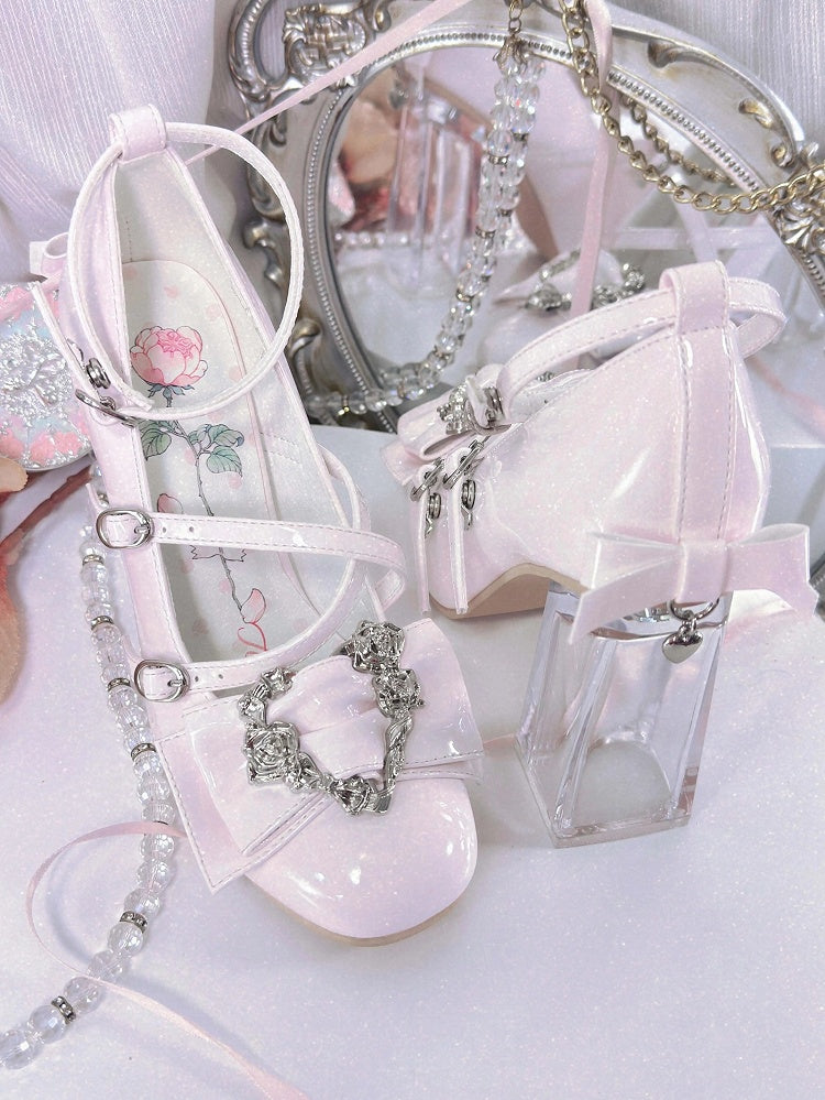 Rose Pink Leather Design with Light PU Block Heels Adorned Heart High Crisscross