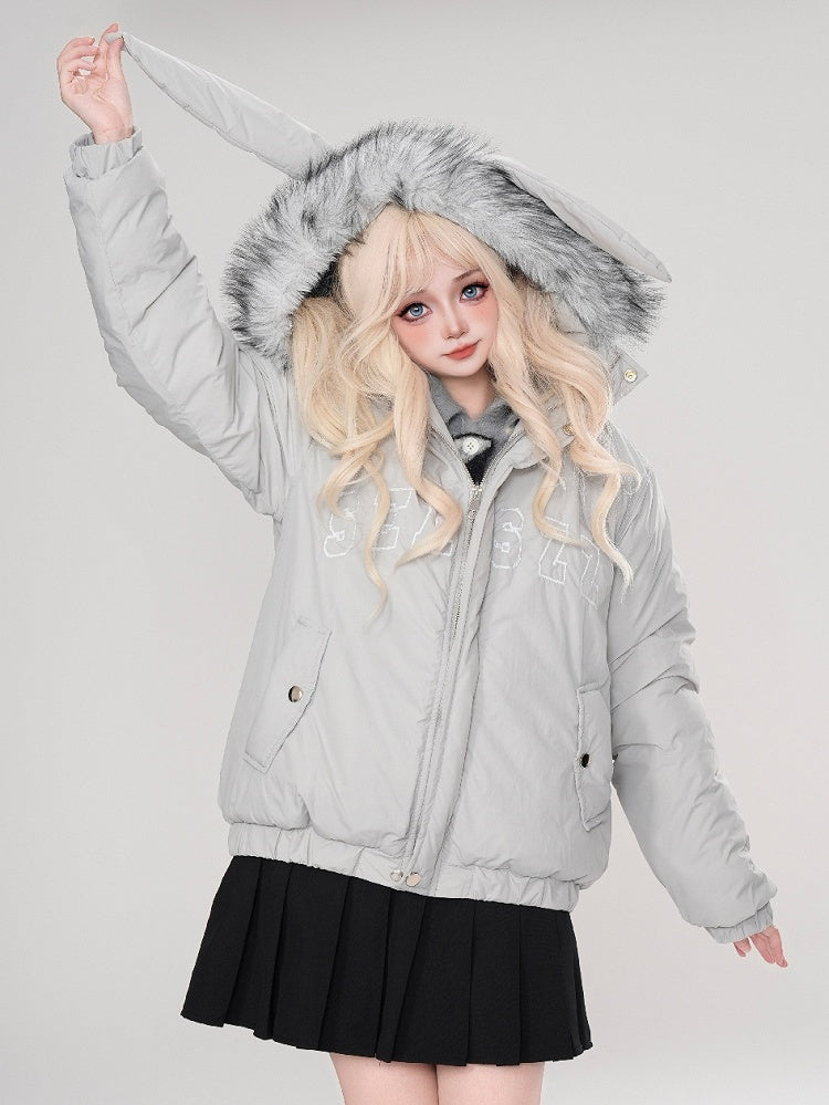 Grau/Apricot Buchstaben Druck Hasenohren Kapuze Dicke Jacke Abnehmbare Kapuze