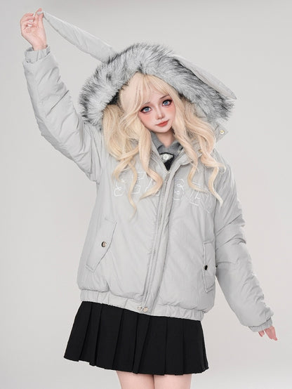 Grau/Apricot Buchstaben Druck Hasenohren Kapuze Dicke Jacke Abnehmbare Kapuze