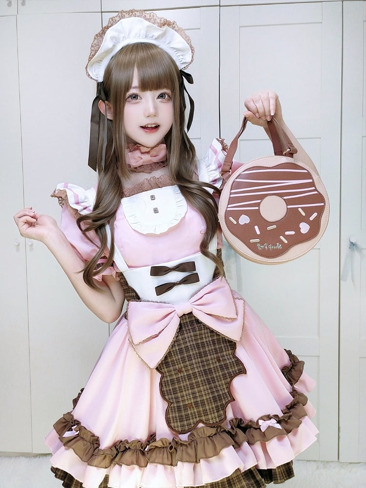 Chocolate Donut Round Lolita Bag with Crossbody Strap and Top Handle - Sheep Puff Bag