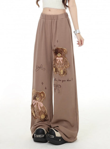 Kaffee/Graue Plüschhose mit Teddybär-Applikation und geradem Bein