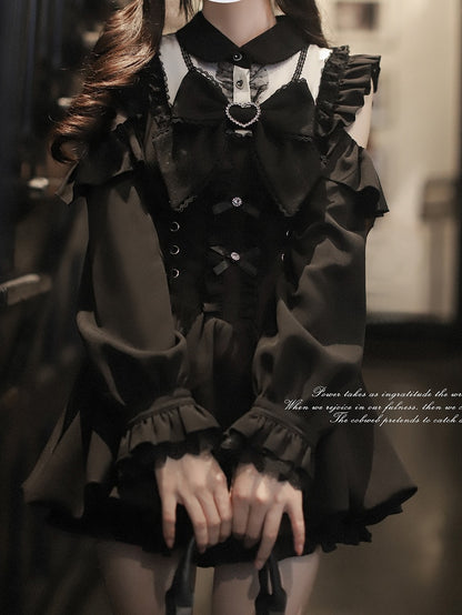 Bubble Jirai with Shoulder Dress - Long Waist Sleeve Lace-Up Cutout Kei Black