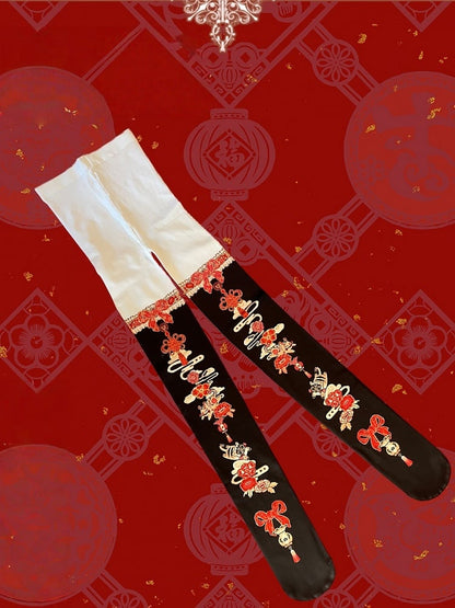 Chinoiserie Lolita Black Tiger & Auspicious Cloud Print Tights