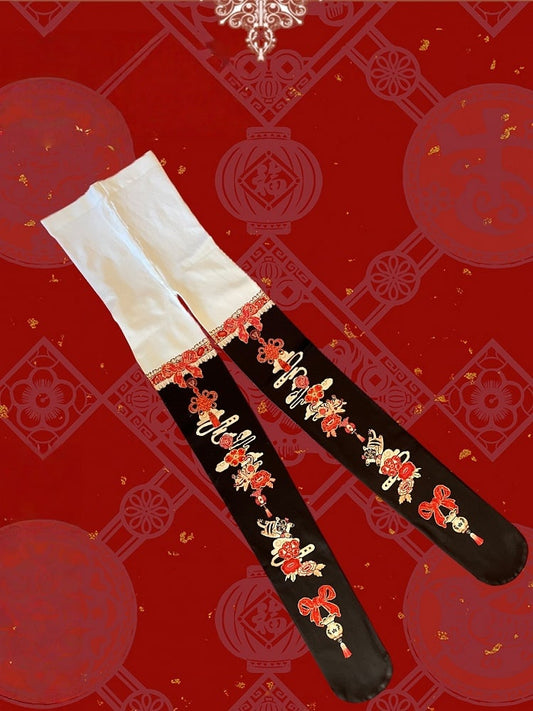 Chinoiserie Lolita Black Tiger & Auspicious Cloud Print Tights
