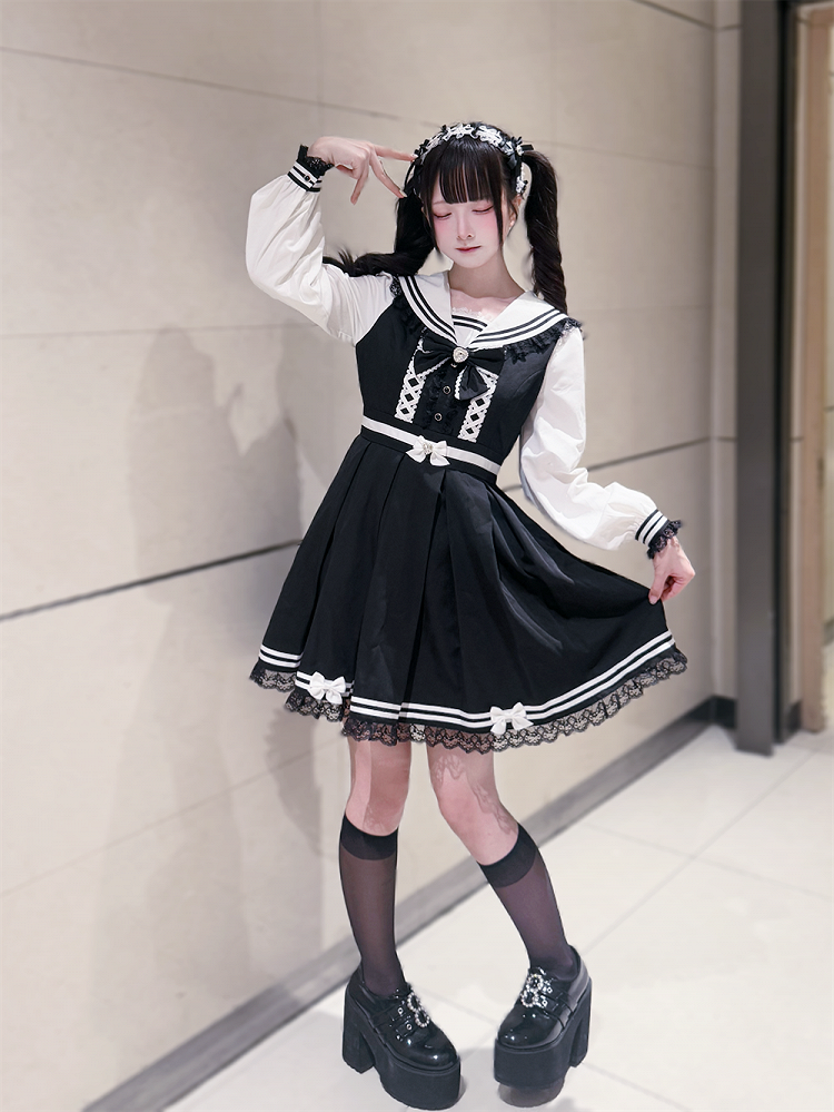 Jirai Bunny-Ear Lace Sailor with Dress White Long and Dress: Trim Kawaii Black Kei Collar Sleeve