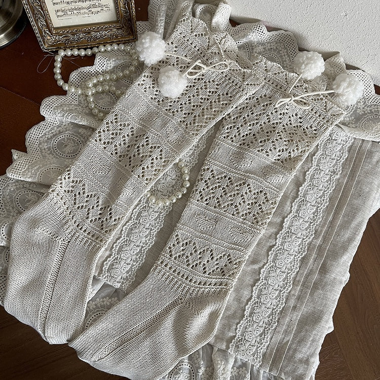 Decoration Creamy Sockswith Knitted Cutout Calf Design Pom-pom White/Brown/Black