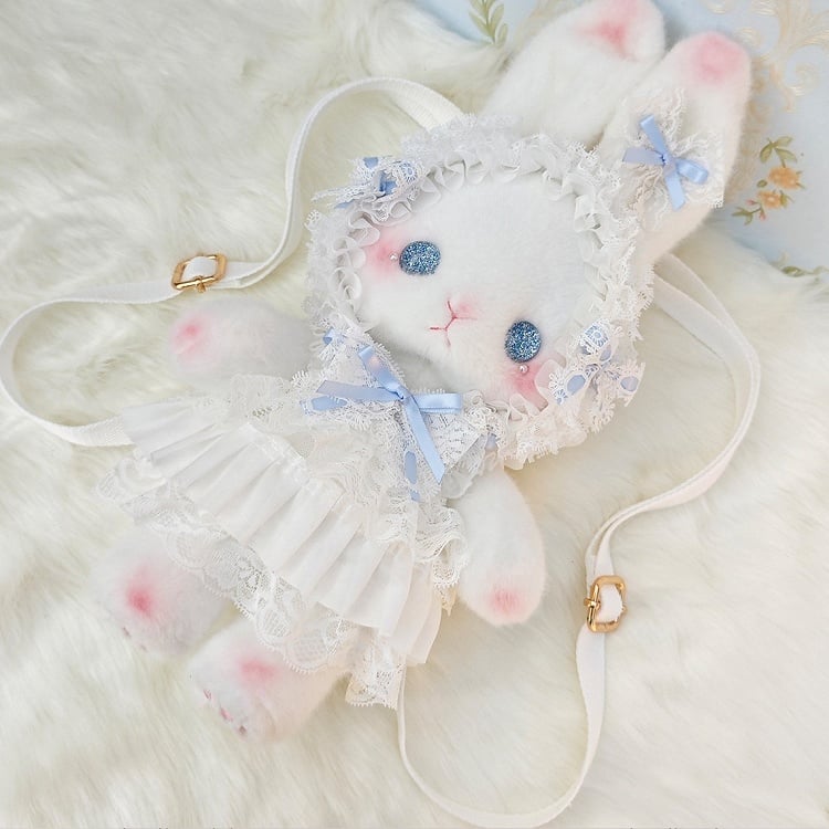 White Bag Bunny Bowknot Standing-eared Accents Convertible Strap with Blue