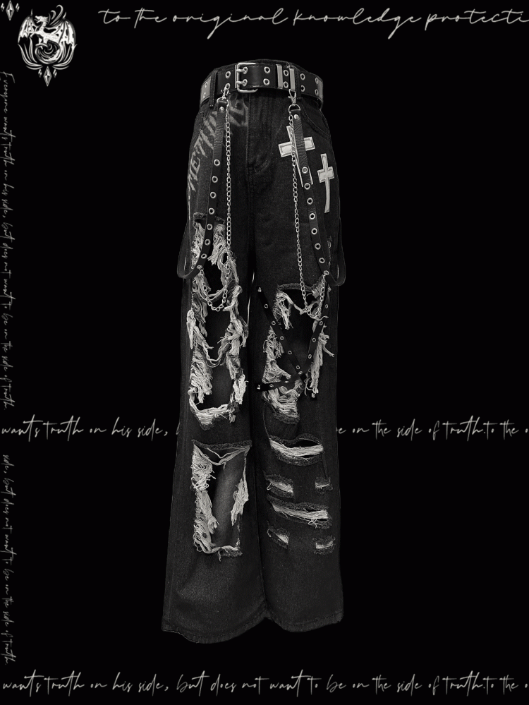 Y2K Black Cross Appliques Jeans Glamorous Criss-cross Straps Distressed Holes