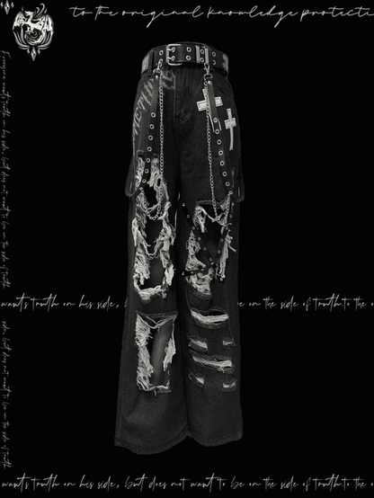 Y2K Black Cross Appliques Jeans Glamorous Criss-cross Straps Distressed Holes