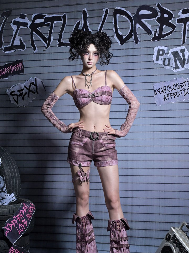 Peplum Y2K Cami Detachable with Sequin Butterfly Crop Punk Pink Rhinestone Pastel