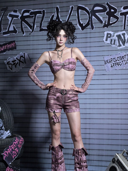 Peplum Y2K Cami Detachable with Sequin Butterfly Crop Punk Pink Rhinestone Pastel