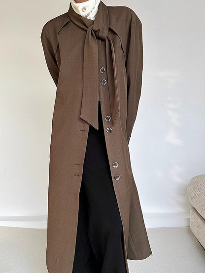 Coffee Trench Vintage Long Cuffs with Neck Lolita Coat Ouji Button Tie