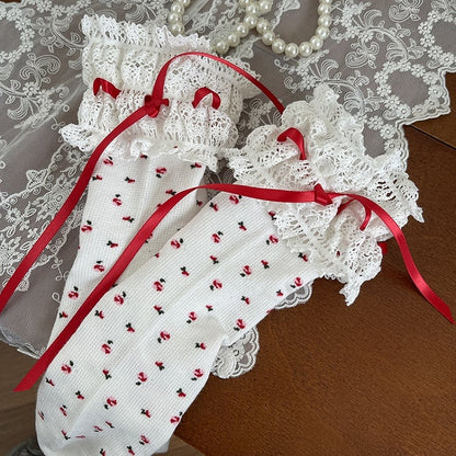 Lolita Lace White/Black Pattern Sockswith Trim Floral