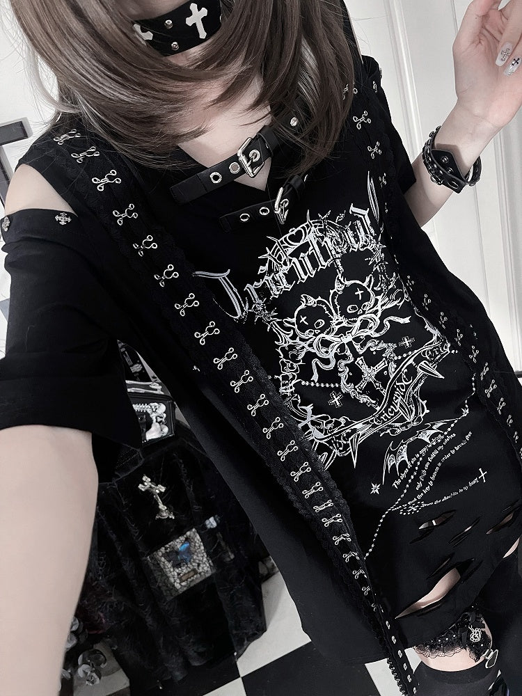 with Sleeve White Lace Straps Shoudler Drop Gothic Cross Short Black Trimmed Print T-shirt