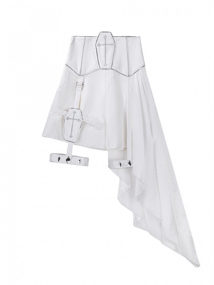 Silver & White Cross Embroidery Asymmetric Jacquard High Waist Shorts with Side Train - Unknown Star