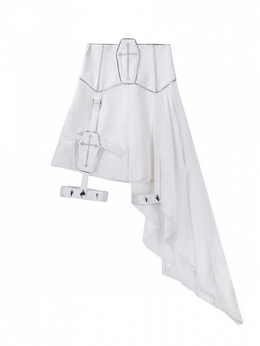 Silver & White Cross Embroidery Asymmetric Jacquard High Waist Shorts with Side Train - Unknown Star