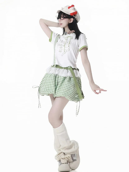 Bubble Shorts Green Plaid Overalls Detachable Straps Shoulder