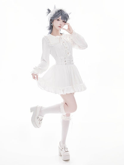 Long Lace Blouse: White with Detailed Jirai Beadwork Square Sleeves Kei Collar