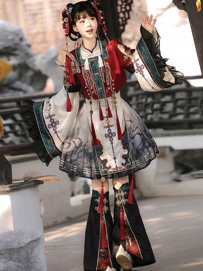 Wide Sleeves Chinese Knot Embroidery Han Lolita Dress Fox Patch Cropped Top Set - Unknown Star
