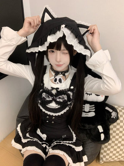 with Tiered Hat Cute Dress Ear Apron Detail Cat Alternative Suspender Black Detachable