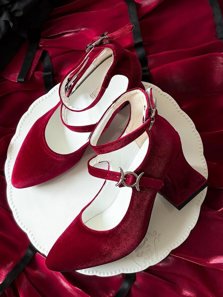 Elegant Red Heels Embellished - Lolita Wine Pointed Mary Closures Velvet Snap Jane Thorn Toe