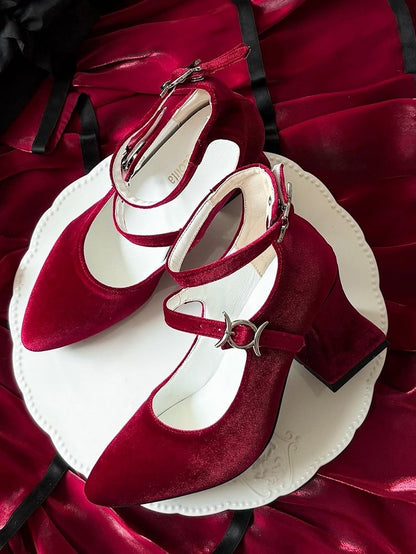 Elegant Red Heels Embellished - Lolita Wine Pointed Mary Closures Velvet Snap Jane Thorn Toe