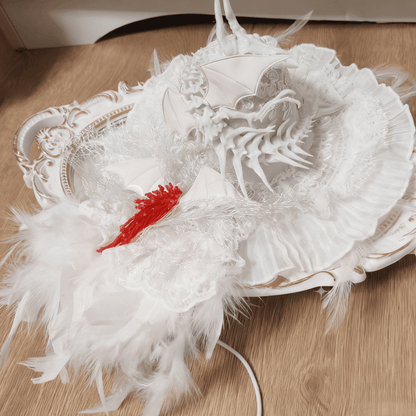 and White Gothic Decor Dragon Mini Feather / Bone Black Hat with Lolita