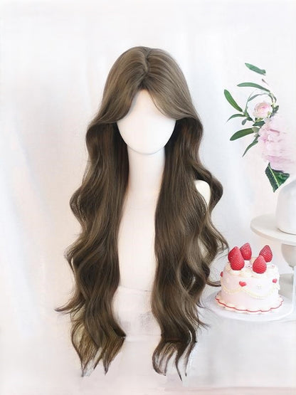 Black/Light Brown Curtain Bangs Long Wavy Wig