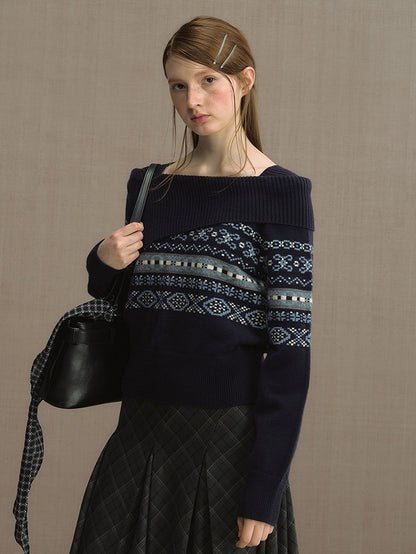 Gray/Blue Asymmetric Off-Shoulder Knit Sweater with Jacquard Details