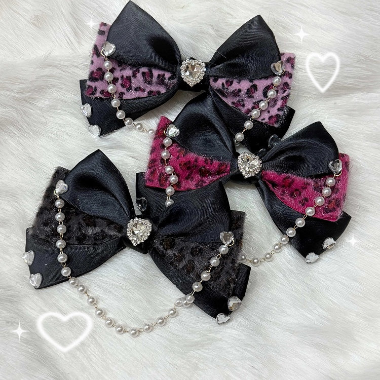 Bow Pearl 3 Color Print Chain Gem Leopard with Options Hairclip Heart and