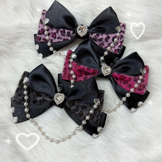 Bow Pearl 3 Color Print Chain Gem Leopard with Options Hairclip Heart and