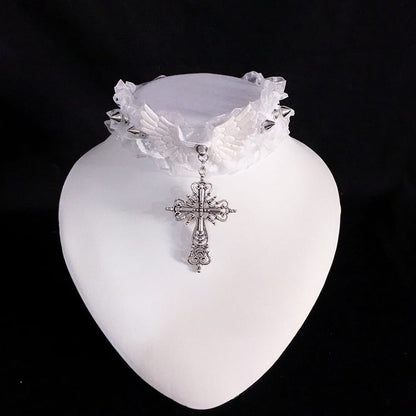 Cross Studs and Choker Pendant Gothic Black/White with Lace Ruffled