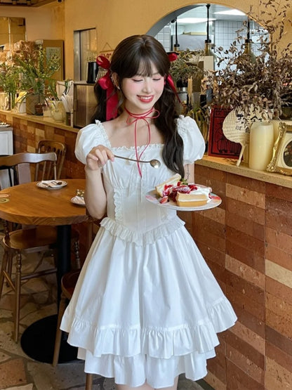 White Ruffled Square Neckline Puff Sleeves Tiered Ruffles Sweet Dress
