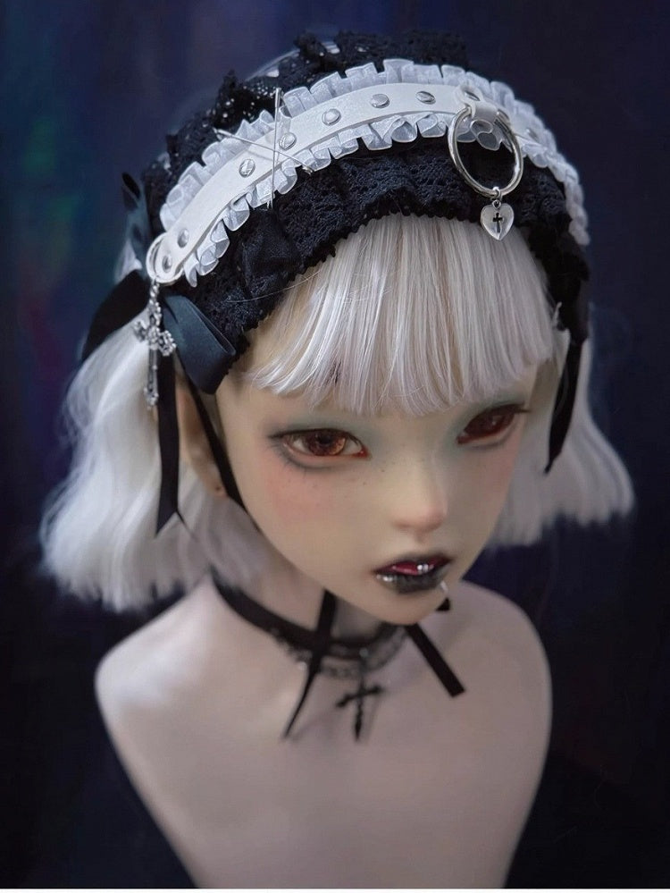 Gothic Black & White Lace Headband with Cross Accents - Strange Sugar