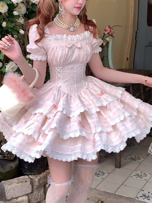 Sweet Waist Pink Ruffle Skirt Basque Triple-Tiered Lace-Up and with Sleeves Dress Puff