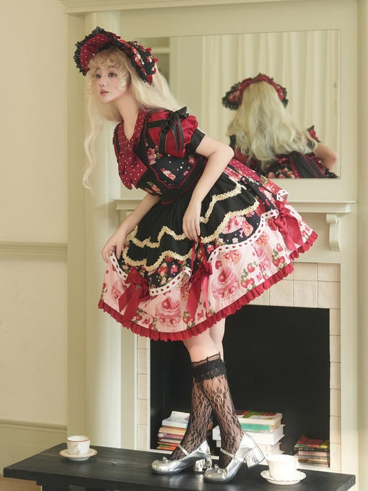 Strawberry Print Black and Red Sweet Peter Pan Collar Lolita One Piece Full Set