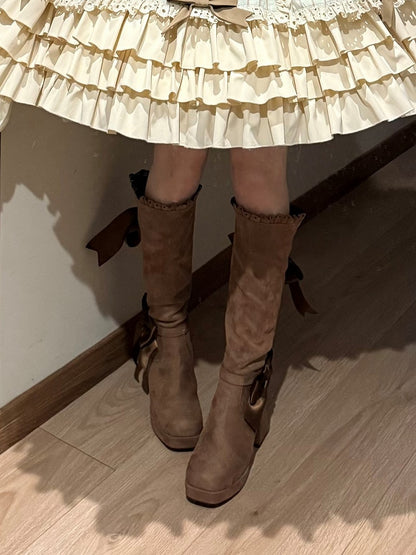 Design Lolita Details Lace-up with Back Knee-high Bow Khaki Boots Decorative Elegant