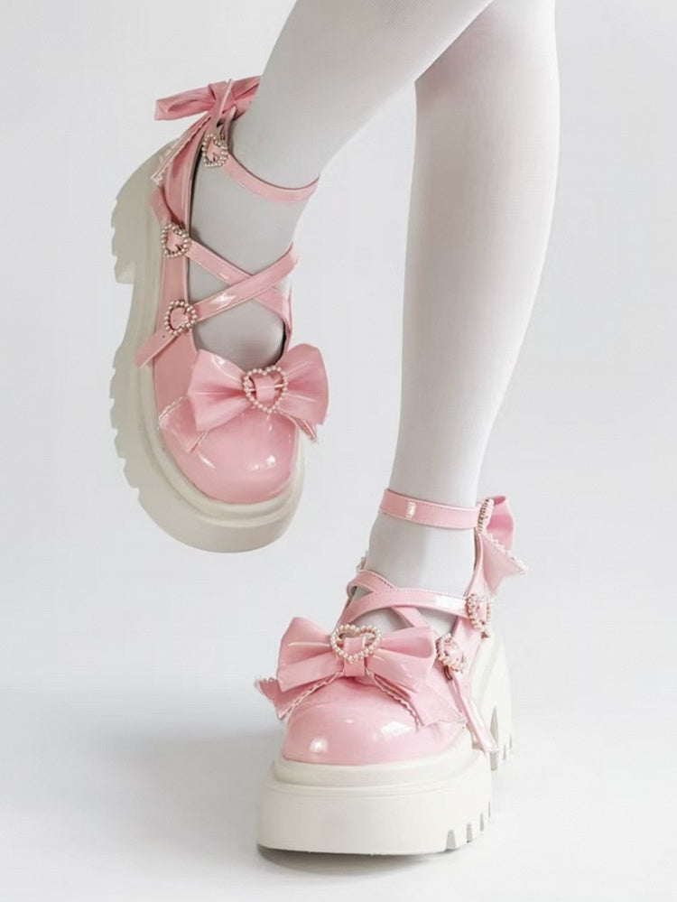 Mary Beaded Pink Details Crossed Janes with Bow Chunky Straps Heel Heart - Closure