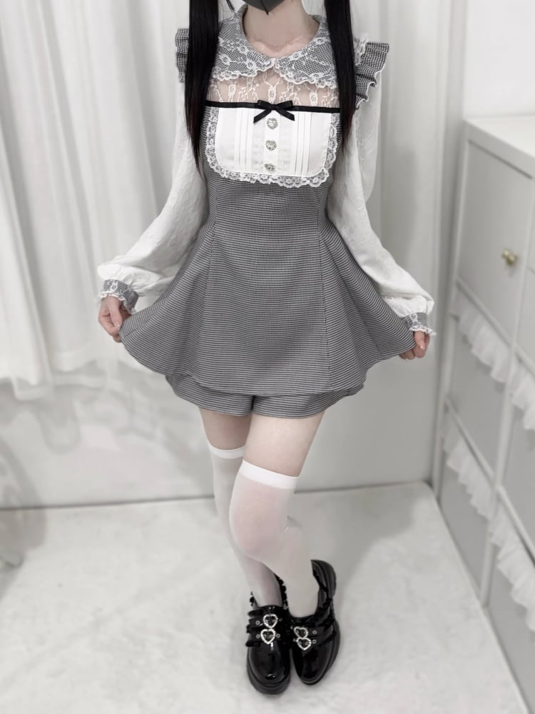 グレーのハウンドトゥース柄ピーターパンカラードレスショーツ