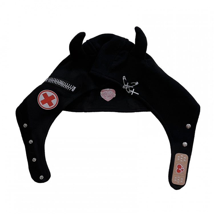 Horn with Demon Hat Embroidery Y2K Black Zipper Edgy Earflap